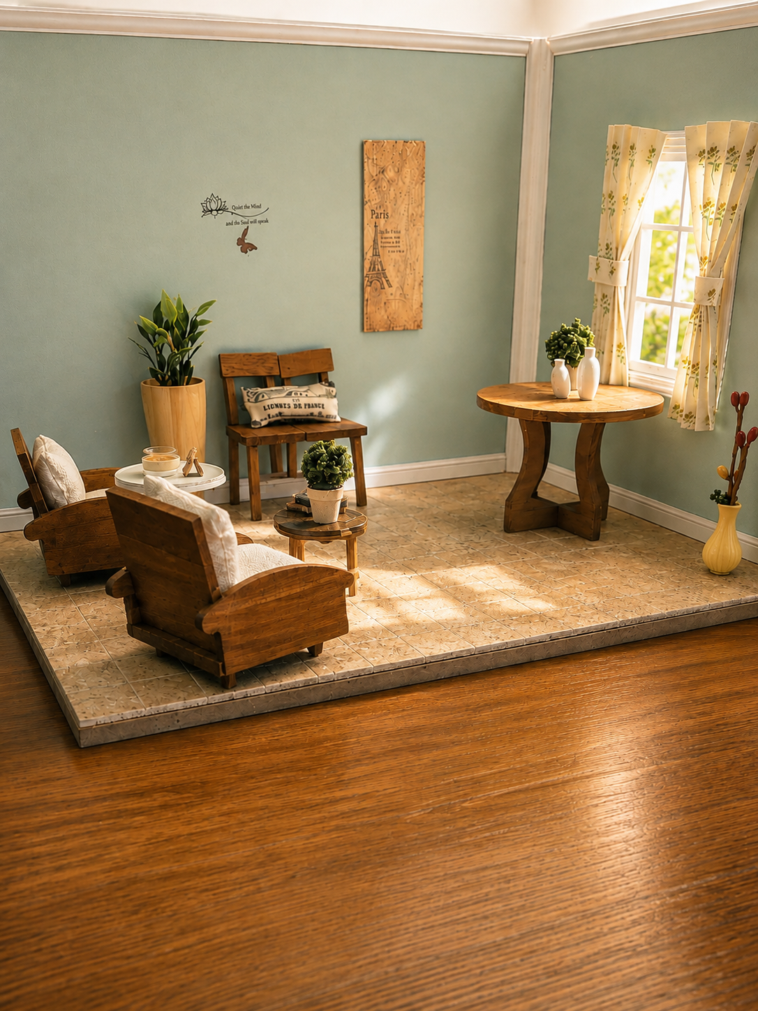 A handmade miniature room — sage-green walls, wooden furniture, a leafy plant and sunflower curtains at a sunlit window